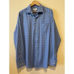 Peter Millar Summer Comfort Shirt Mens Size L Stretch Nylon Blue Plaid Button Up